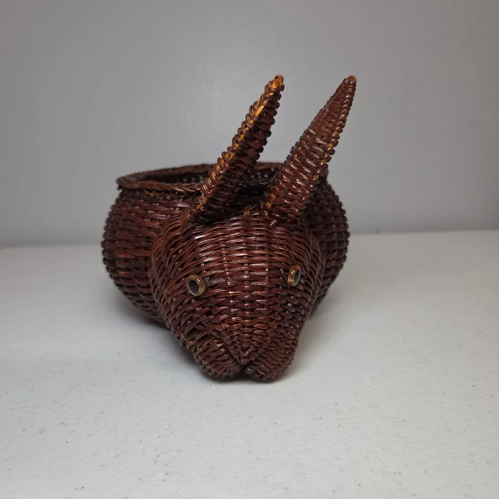 Bunny Rabbit Wicker Basket Easter‎ Plant Pot Holder Dark Brown Woven 7 Inch